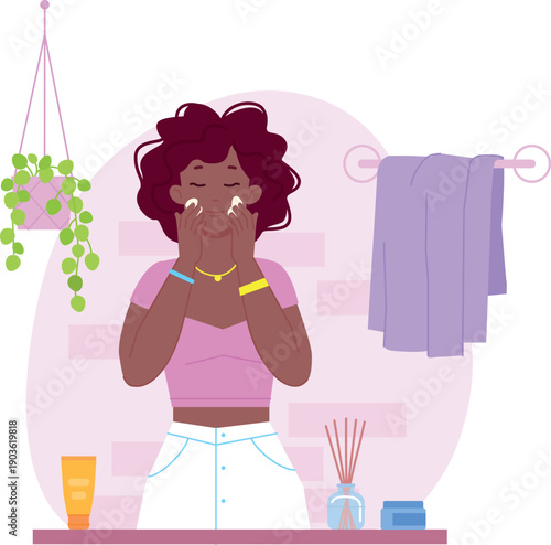 Woman apply face cream. Female skincare routine