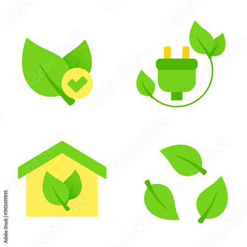 Flat vector set of ecological icons with leaves, eco house and green energy plug. Concept of sustainability and environment protection.