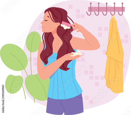 Haircare product applying. Woman moisturizing or styling hair