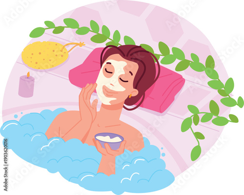 Bath products applying. Woman lay in bathtub with scrub jar