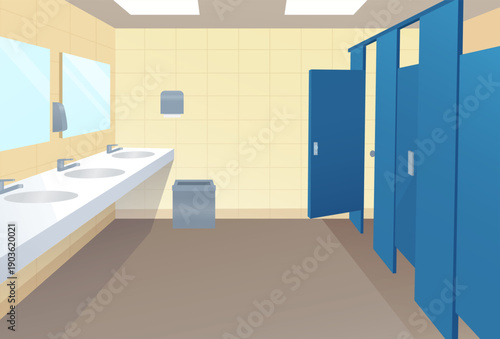 Public toilet, empty wc restroom interior with closed cubicles, urinals, washbasins with mirror and liquid soap, litter bin on tiled floor, Cartoon vector illustration