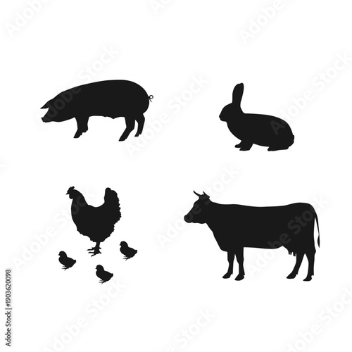 Farm animals silhouette set. Vector set of black silhouettes of farm animals including cow, pig, horse, goat, chicken and duck. Isolated icons collection.