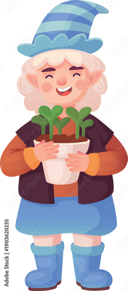 Fototapeta premium Happy elf with garden plant in pot. Cartoon fantasy character