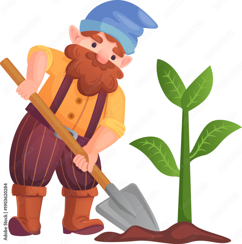 Fototapeta premium Garden gnome planting green botany with shovel cartoon drawing