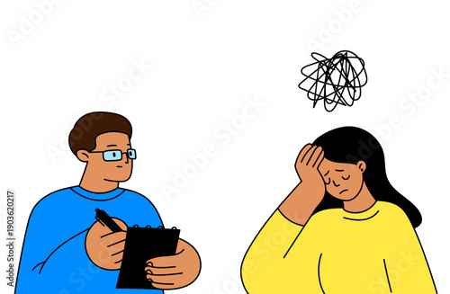 Psychologist consulting stressed patient. Vector illustration of a psychologist talking with a worried woman. Concept of mental health therapy and counseling support.
