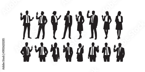 Professional worker silhouettes showing various gestures including waving pointing and standing confidently