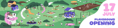 Opening of kids' playground with equipment event banner design. Advertising template with play ground for children. Kindergarten outdoors with slides, sandbox, swings. Flat vector illustration.