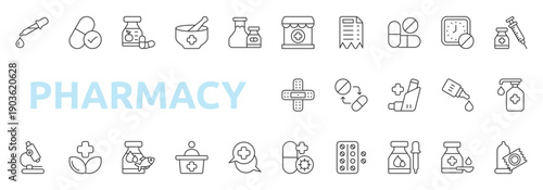 Pharmacy icon set outline style with receipt, pills, dose, vaccination, pipette, generic drug, vitamin, compounded medicine, pharmaceutical, laboratory icons