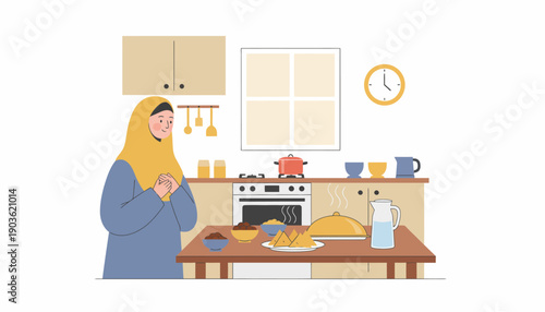 Woman in yellow hijab preparing breakfast in a modern kitchen with utensils and food on the counter from a frontal viewpoint.