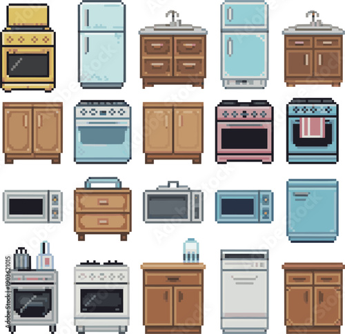 Pixel art kitchen appliances set, retro household furniture, colorful cabinets, ovens, refrigerators, sinks, microwaves, dishwashers, kitchen accessories illustration