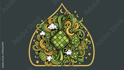 Ornate green and gold illustration of intertwined foliage and floral elements within a teardrop shape