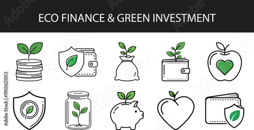 Eco Finance & Green Investment Icons: A collection of meticulously designed icons representing eco-finance and green investment concepts.