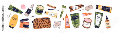 Set of skincare cosmetics. Skin care products for body, face, hands and hair. Bottles of masks, scrub, tubes of moisturizing cream, sunscreen, toiletry bag. Flat isolated vector illustrations on white