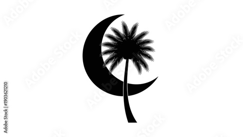 A palm tree silhouette stands against a crescent moon shape in a simple black illustration