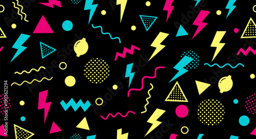 Retro 80s 90s memphis style pattern with geometric shapes lightning bolts and wavy lines on black background vibrant