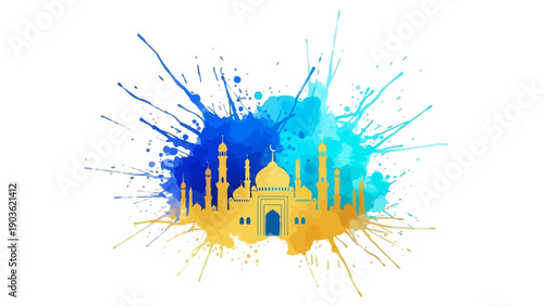 Vibrant illustration of a mosque with splashes of blue and yellow paint around it