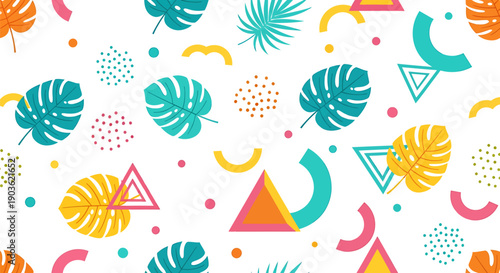 Vibrant tropical leaves and geometric shapes pattern retro memphis style summer vibe playful and energetic design