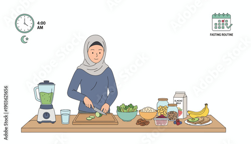 A woman in a headscarf preparing a healthy meal in a modern kitchen with various fruits and vegetables on the counter.