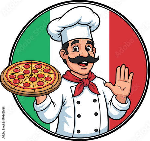 Italian chef mascot holding a pepperoni pizza with ok hand gesture and Italy flag background for restaurant branding and pizzeria logo