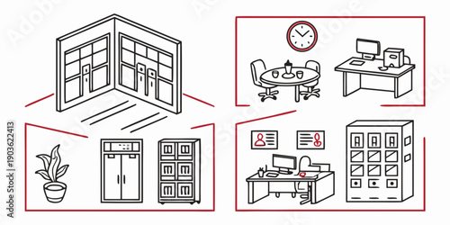 Modern home office setup with various furniture and decor options