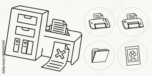 Various office equipment and supplies including a filing cabinet, printer, and documents.