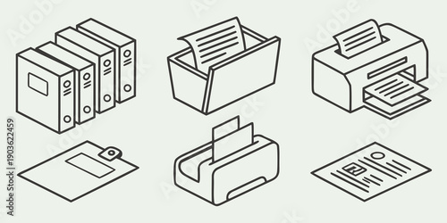 A collection of various office equipment and supplies in a minimalist design