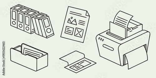 Various office supplies and equipment arranged in a workspace setting.