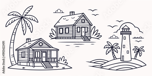 A serene tropical setting with three distinct houses and a lighthouse