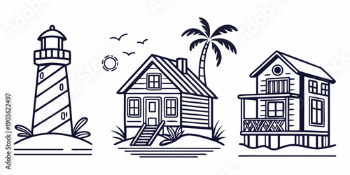 A picturesque scene of a lighthouse, a beach house, and a tropical setting.