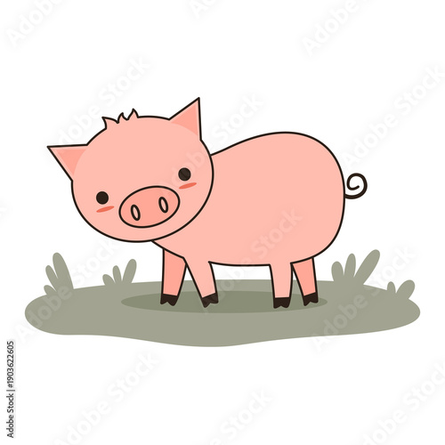cute hand drawn cartoon character funny pig in the meadow vector illustration isolated on white background