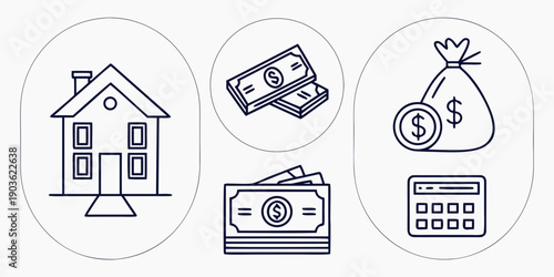 Illustrations of a house, money, and financial concepts