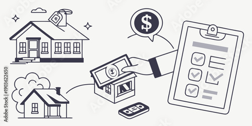 Illustration of a home insurance application process with documents and a house.