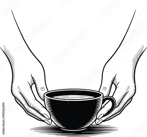 Black and white illustration of hands holding a coffee cup