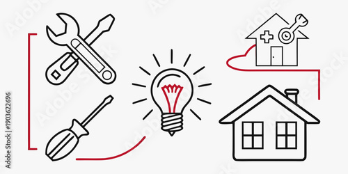 Illustration of home improvement and maintenance with tools and lightbulb.