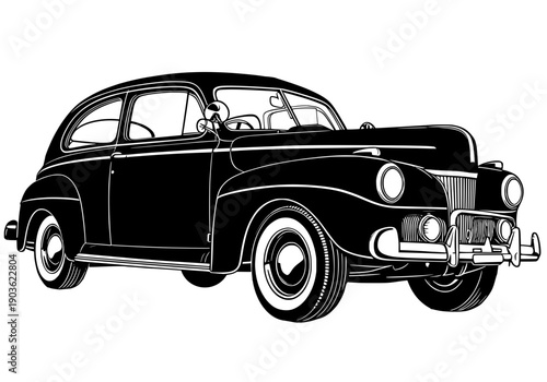 Retro 1940s classic car silhouette vector illustration with high contrast black finish