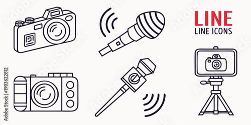 A collection of line icons depicting photography and broadcasting equipment