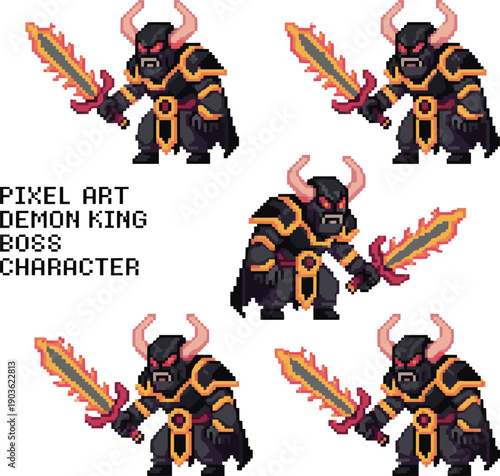 Pixel art demon king boss, fantasy villain sprite, armored dark lord character, flaming sword warrior, retro video game enemy illustration