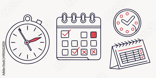Collection of time management icons including a stopwatch, calendar, and clock.