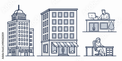 A bustling cityscape with modern buildings and a busy street scene