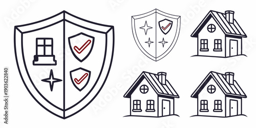 Illustrations of shields with various symbols and houses with different architectural styles