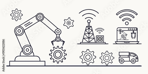 Industrial automation with robotic arm and digital connectivity.