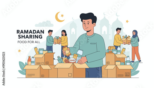 Man distributing food boxes during Ramadan in a community setting, surrounded by people and boxes, vector illustration