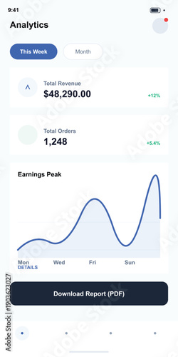 Vector UI design for mobile analytics app showing revenue, orders, and earnings graph, isolated on white