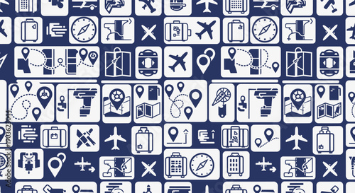 Seamless pattern of travel and navigation icons on a dark blue background.