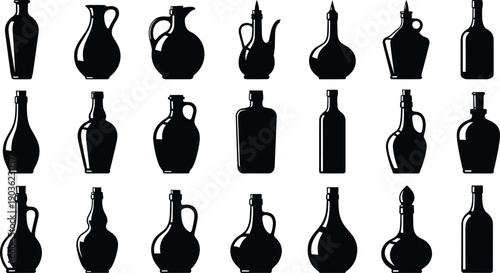 Bottle silhouette collection, glass jars and vintage containers, black shapes set, beverage packaging, oil vinegar bottles, minimalist vector illustration, isolated white background