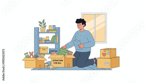 Man kneeling on floor unpacking boxes and arranging items on shelves in a well-lit room