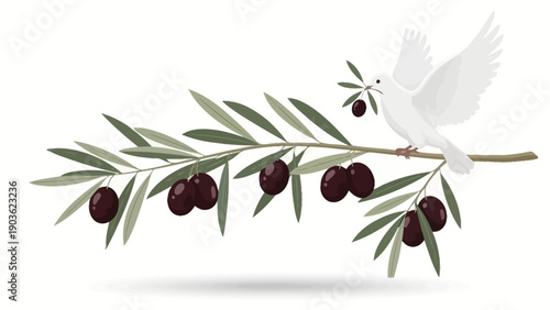 White dove flying with olive branch in beak, symbolizing peace and harmony in a serene environment viewed from the side