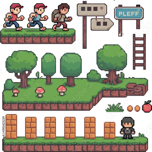 Pixel art platformer sprite sheet, retro game assets, walking characters, terrain tiles, collectible items, fantasy environment, 2D side-scrolling illustration