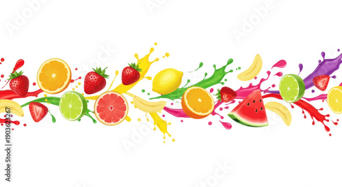 Colorful fruit splashes with strawberries, oranges, lemons, and watermelon