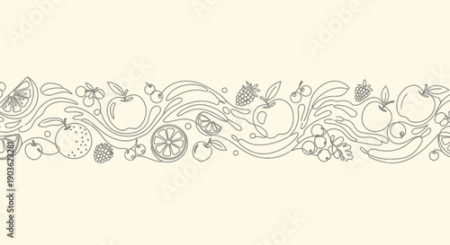 Seamless line art border with fruits and splashes